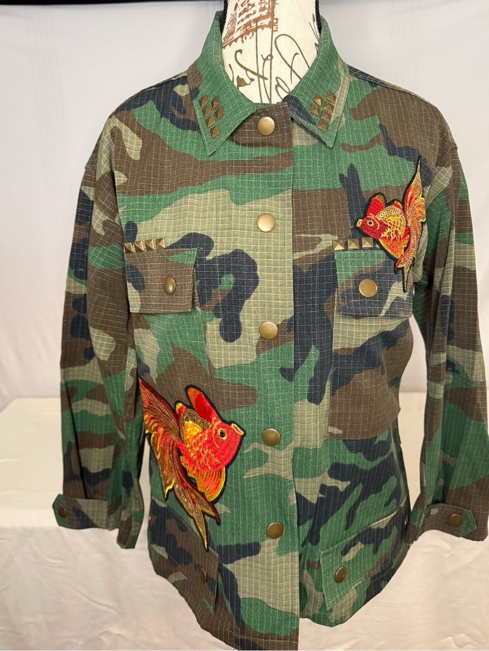 Fate Women's Green Camo Utility Jacket with Embroidered Red-Orange Fish